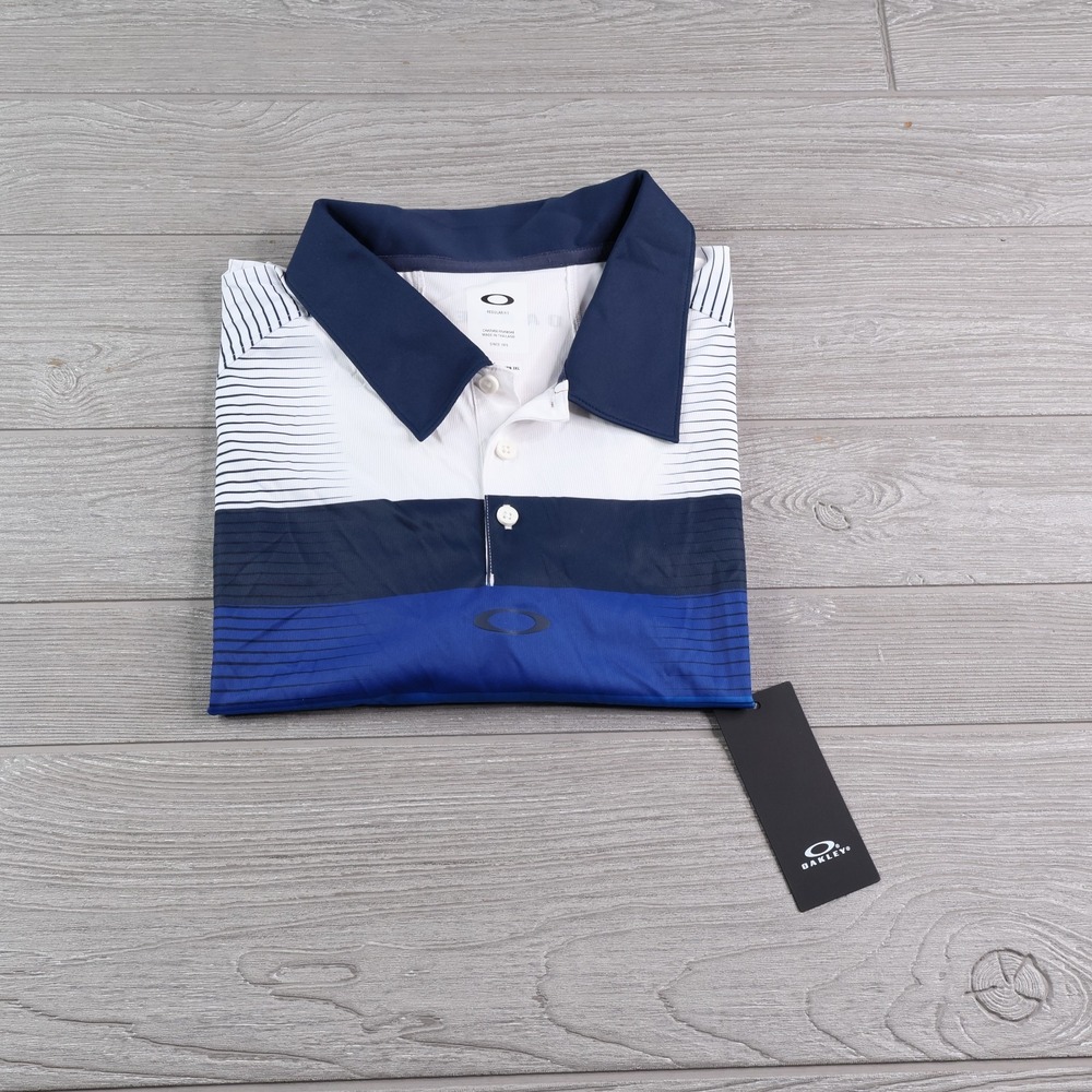 NEW Oakley Polo Golf Shirt Men's 2XL XXL Blue Navy Striped Performance NWT